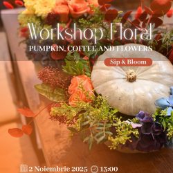 Workshop dovleac floral COLORISTIQUE București - participante decorând dovleci cu flori naturale la atelier